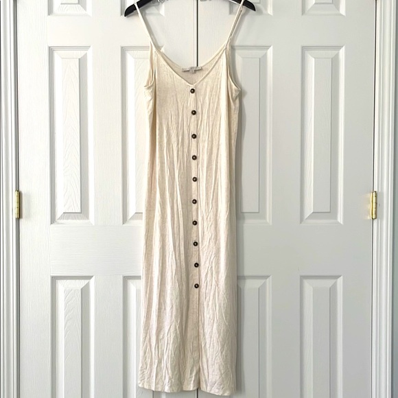 Loft Dress Women’s Sz L Cream Gray Button Down Midi Maxi Stretch Ribbed Boho Y2K - Picture 1 of 4